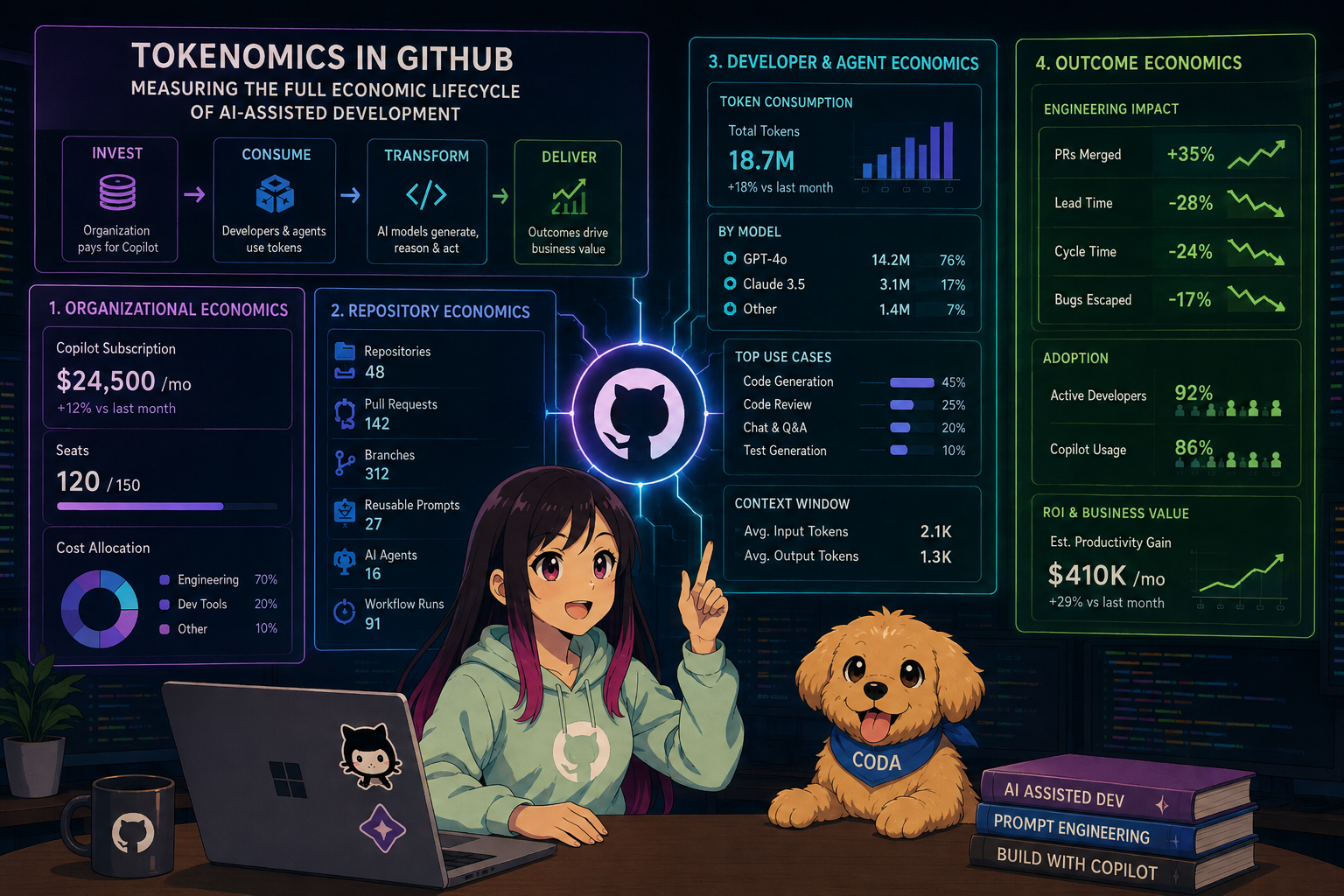 Tokenomics diagram for AI coding agents showing token flow, budgets, and optimization loops